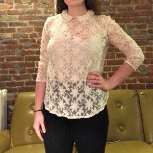 Zara White Cream Lace Top with Pearl Collar